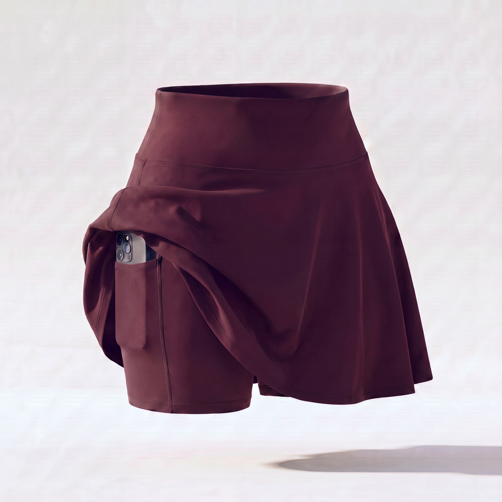 Plum Wine No-Rub Skort — reveal: built-in short and phone pocket