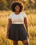 Blackberry No-Rub Skort — on-model, worn by a plus-size woman, golden hour