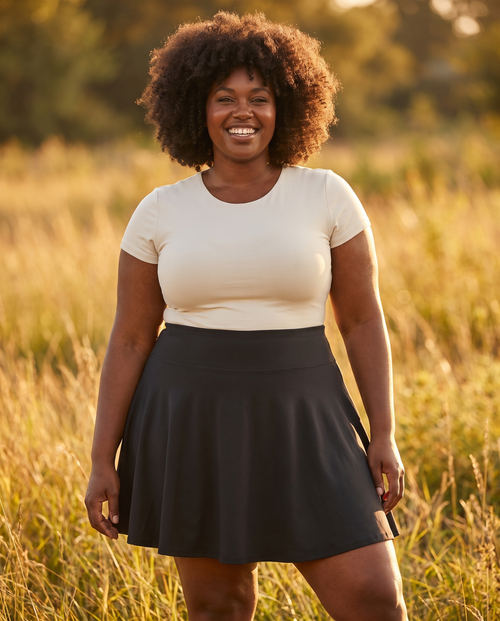 Blackberry No-Rub Skort — on-model, worn by a plus-size woman, golden hour