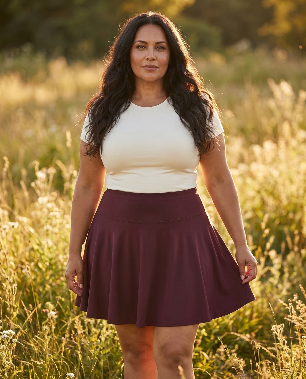 Plum Wine No-Rub Skort — on-model, worn by a plus-size woman, golden hour