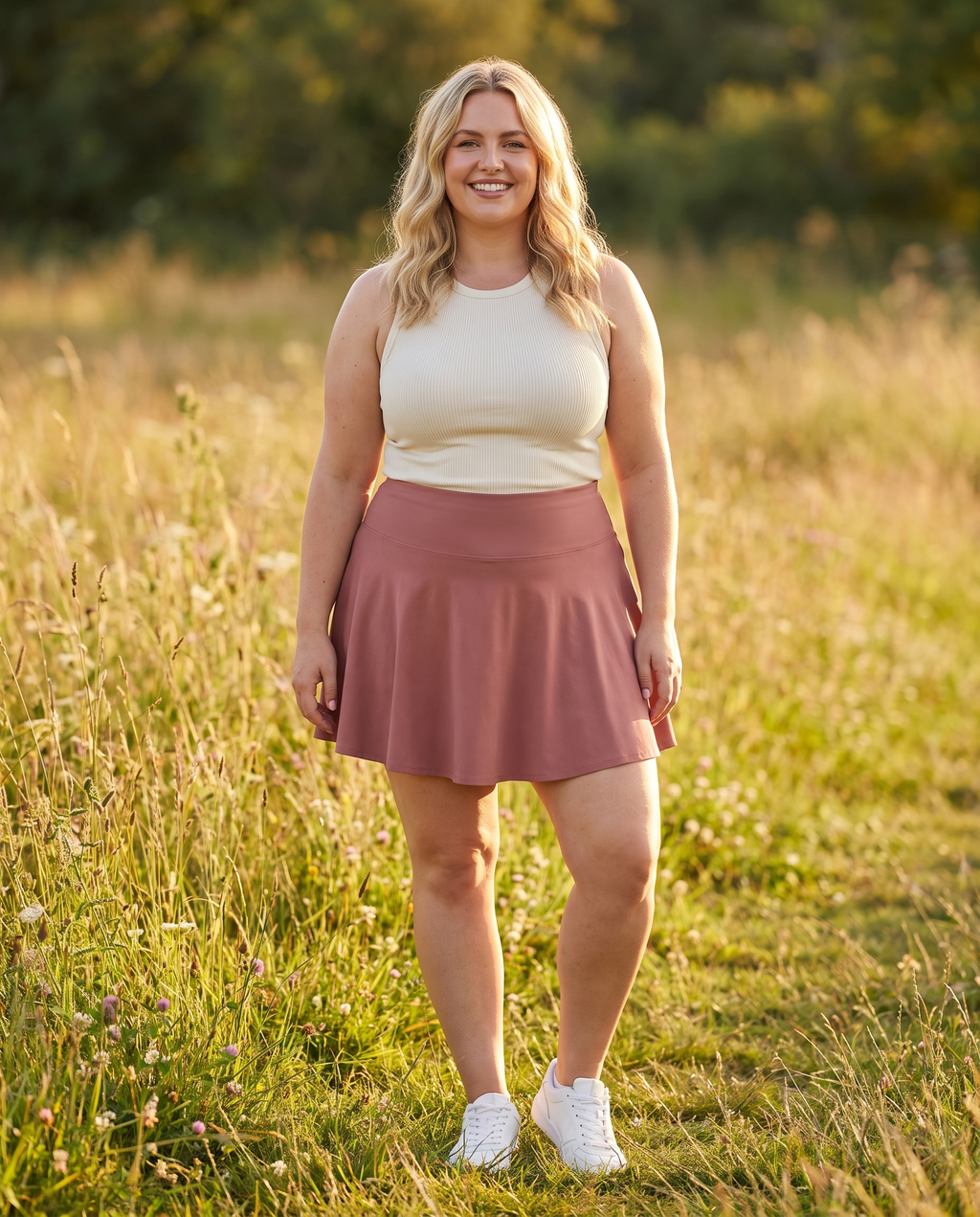 Rosewood No-Rub Skort — on-model, worn by a plus-size woman, golden hour