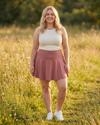 Rosewood No-Rub Skort — on-model, worn by a plus-size woman, golden hour