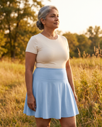 Bluebell No-Rub Skort — on-model, worn by a plus-size woman, golden hour